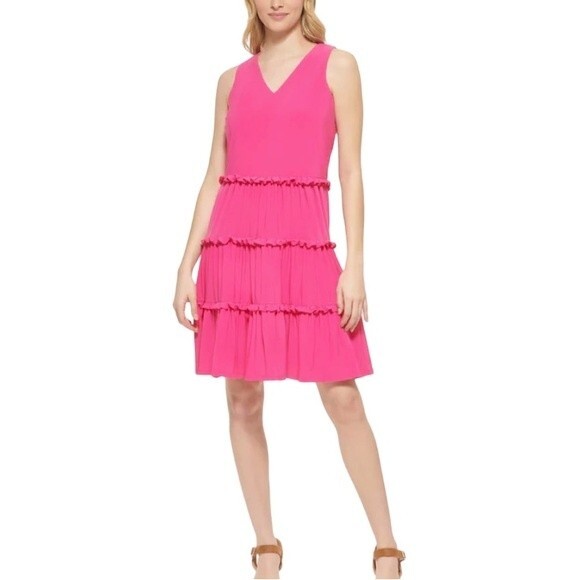 Tommy Hilfiger V-Neck Tiered Ruffle Sleeveless Shift Dress Flowy Barbiecore - Picture 1 of 16
